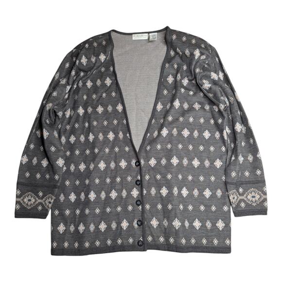 Vtg 1990s Elisabeth Gray Wool Blend Geometric Button Up V-Neck Cardigan 1X - Picture 1 of 4